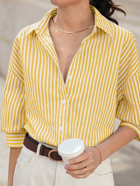 Tops - Multi-color Drop Shoulder Women's Long Sleeve Striped Casual Button-Down Shirt